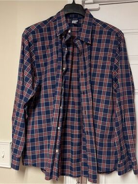 Lands' End Men's Navy, Red and White Plaid Button-Down Shirt